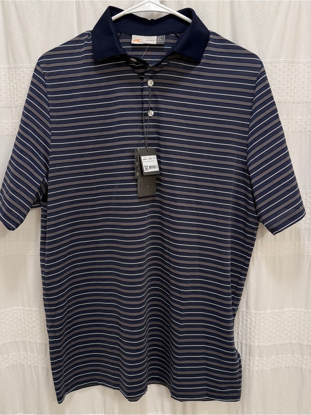 NWT KJUS Luis Multi Stripe Polo Navy Gray Men’s Medium Performance Golf Outdoor